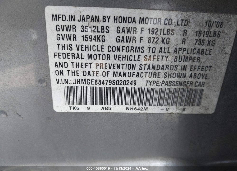 2009 HONDA FIT SPORT VIN: JHMGE88479S020249