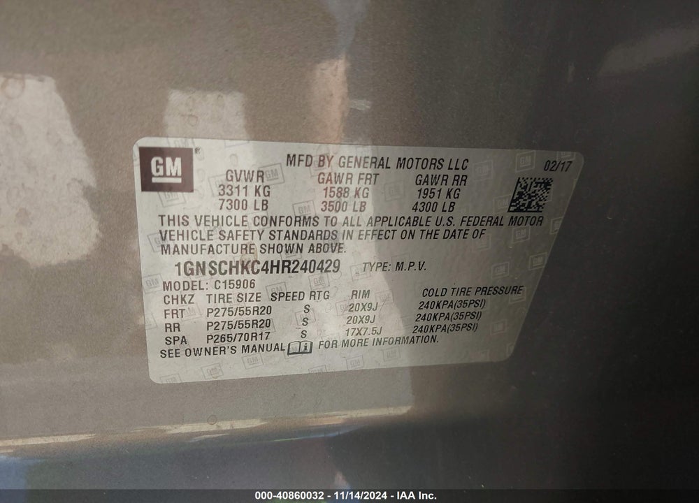 2017 CHEVROLET SUBURBAN VIN: 1GNSCHKC4HR240429