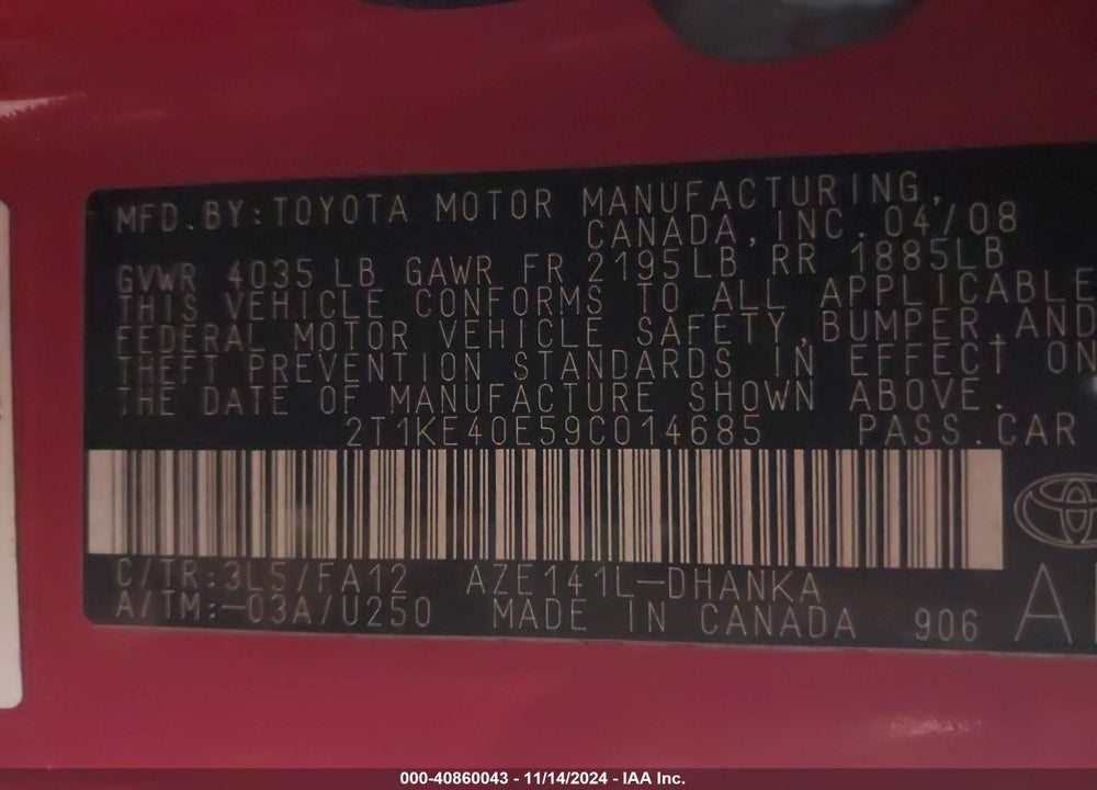 2009 TOYOTA MATRIX S VIN: 2T1KE40E59C014685