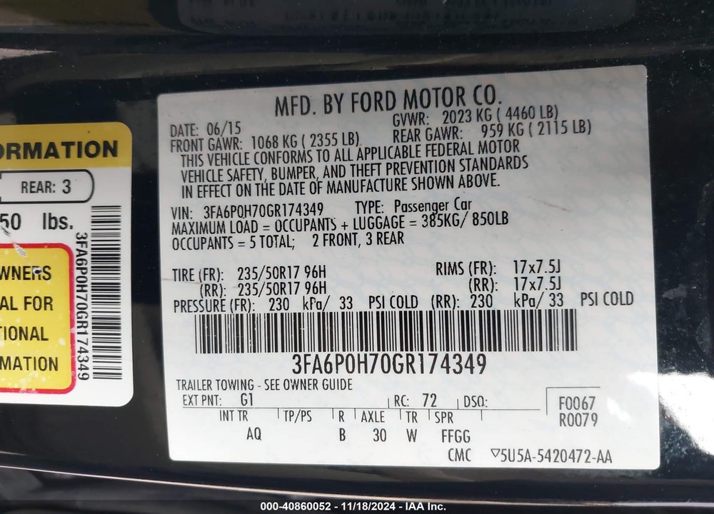 2016 FORD FUSION SE VIN: 3FA6P0H70GR174349