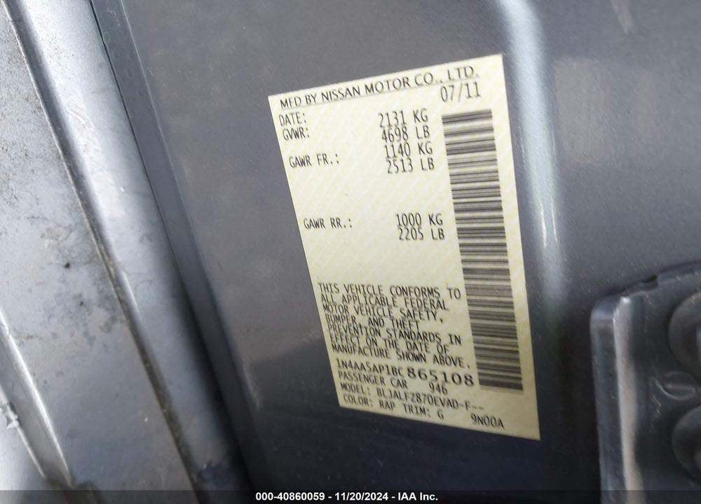 2011 NISSAN MAXIMA 3.5 SV VIN: 1N4AA5AP1BC865108