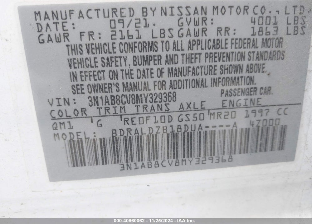 2021 NISSAN SENTRA VIN: 3N1AB8CV8MY329368