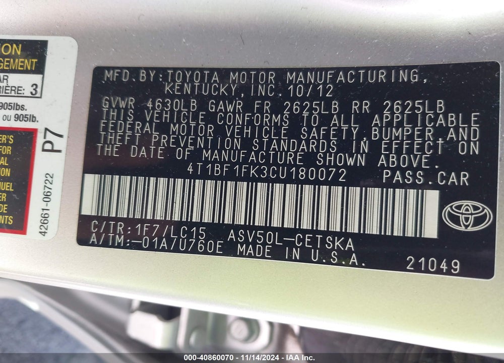 2012 TOYOTA CAMRY SE VIN: 4T1BF1FK3CU180072