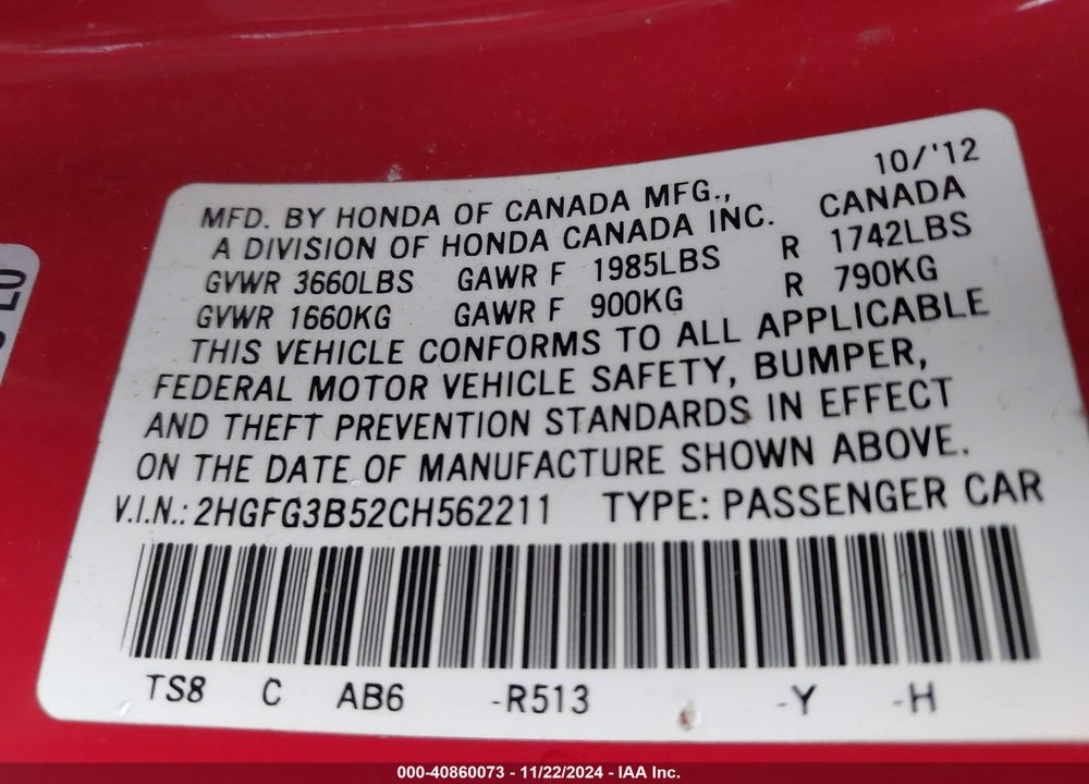 2012 HONDA CIVIC LX VIN: 2HGFG3B52CH562211
