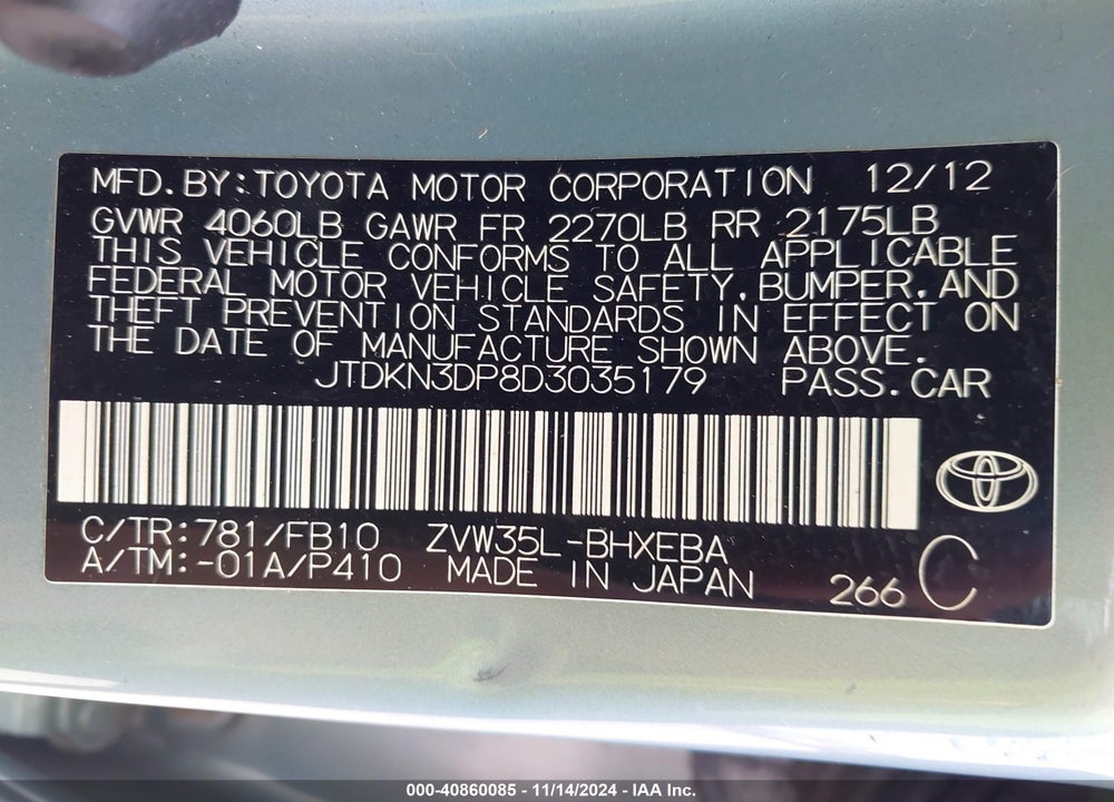 2013 TOYOTA PRIUS PLUG-IN VIN: JTDKN3DP8D3035179