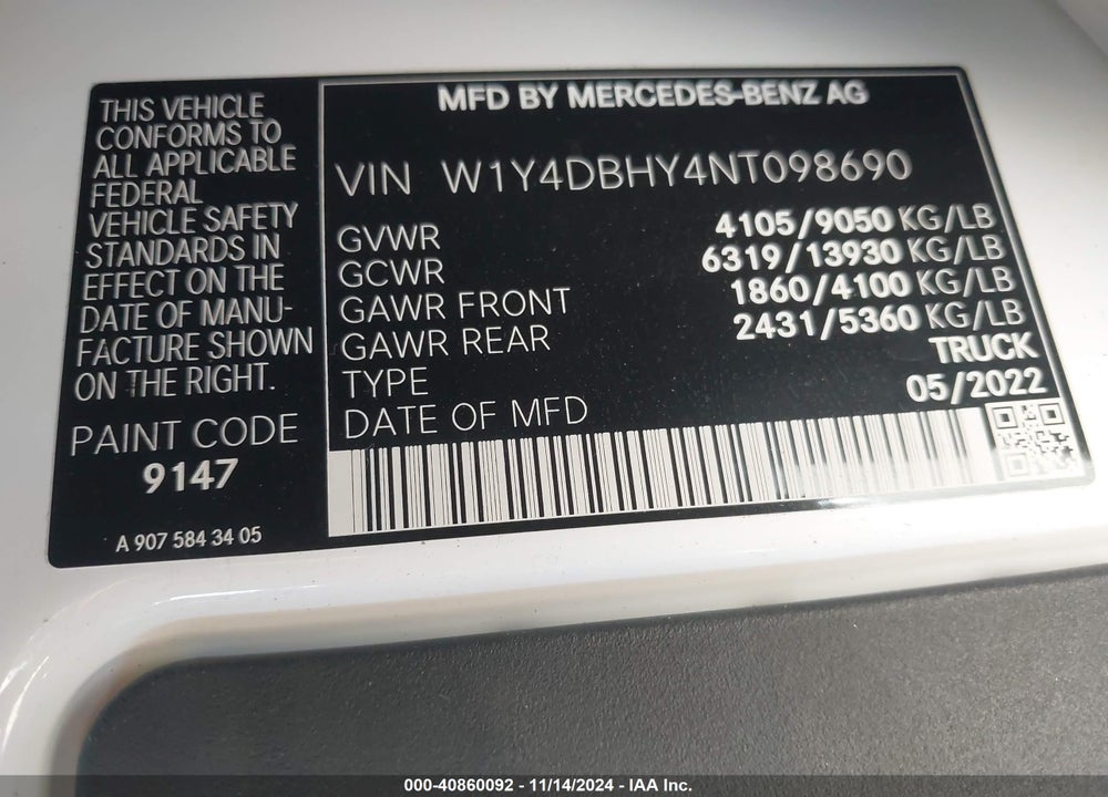 2022 MERCEDES-BENZ SPRINTER 2500 STANDARD ROOF I4 DIESEL VIN: W1Y4DBHY4NT098690