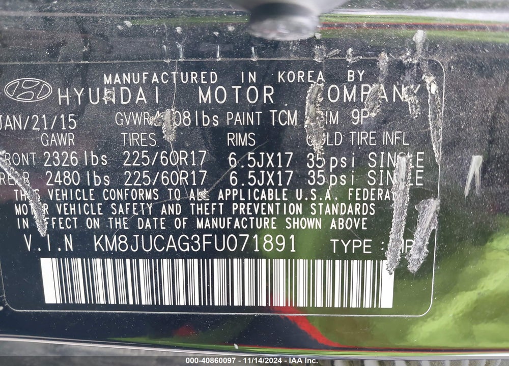 2015 HYUNDAI TUCSON SE VIN: KM8JUCAG3FU071891