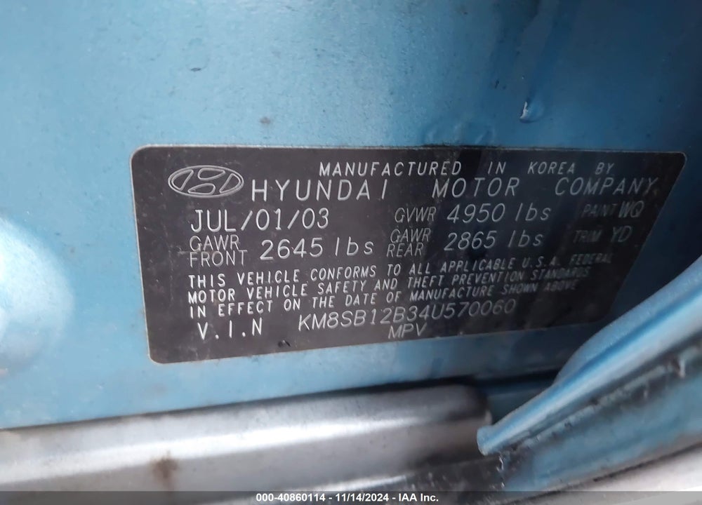 2004 HYUNDAI SANTA FE VIN: KM8SB12B34U570060