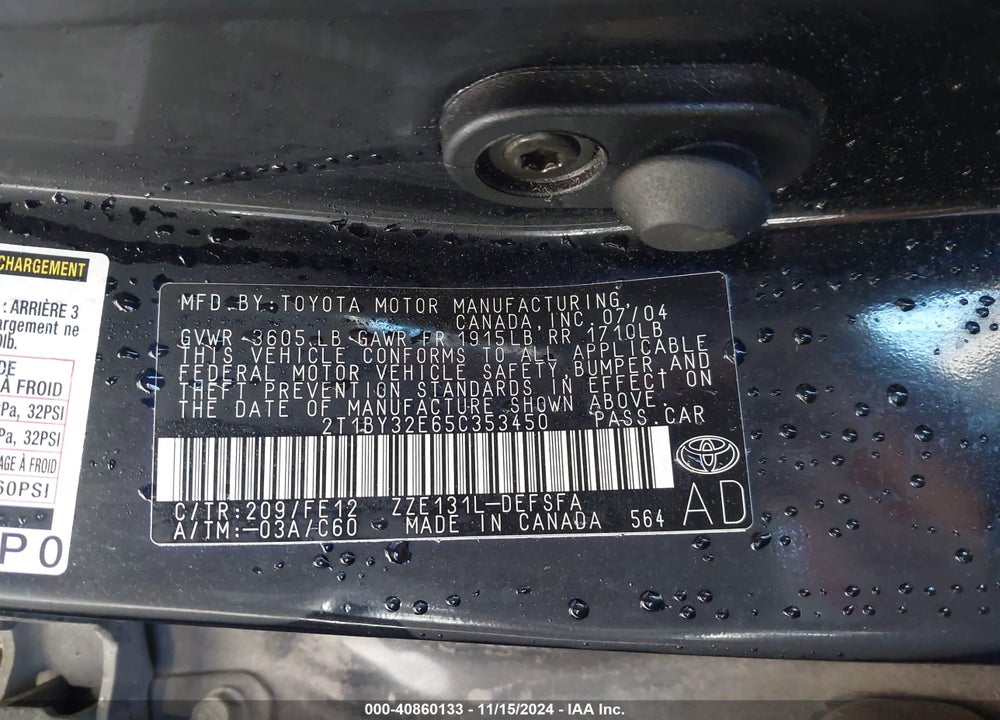 2005 TOYOTA COROLLA XRS VIN: 2T1BY32E65C353450