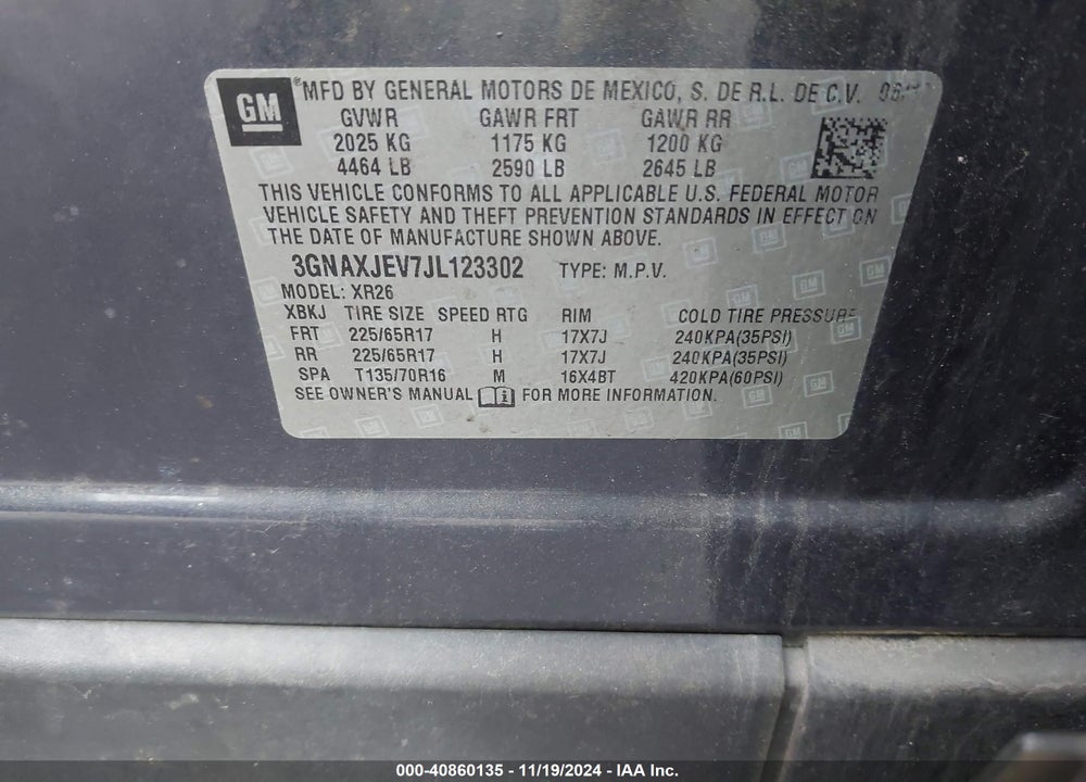 2018 CHEVROLET EQUINOX LT VIN: 3GNAXJEV7JL123302