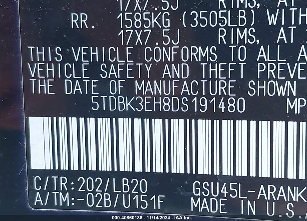 2013 TOYOTA HIGHLANDER PLUS/SE VIN: 5TDBK3EH8DS191480