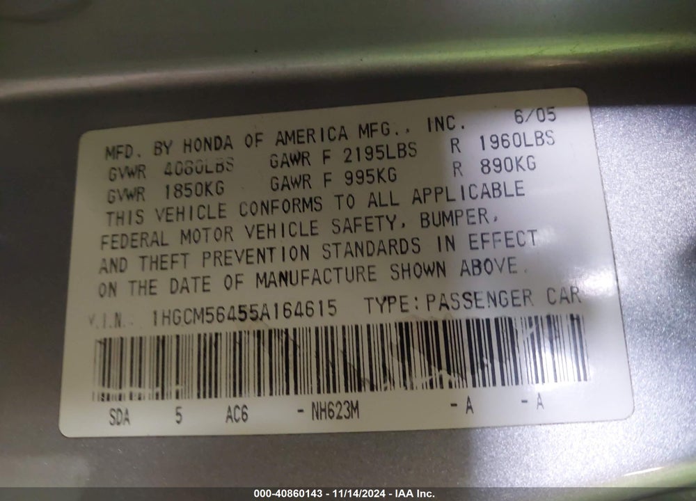 2005 HONDA ACCORD 2.4 LX VIN: 1HGCM56455A164615