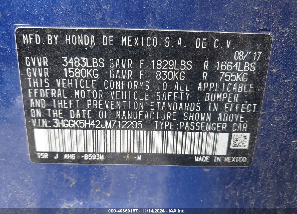2018 HONDA FIT LX VIN: 3HGGK5H42JM712295