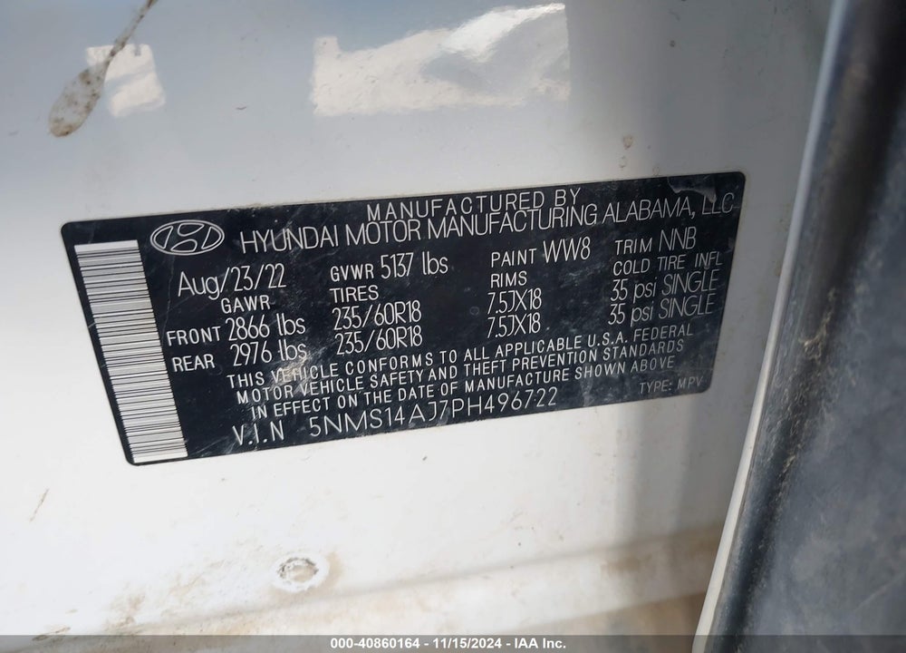 2023 HYUNDAI SANTA FE VIN: 5NMS14AJ7PH496722