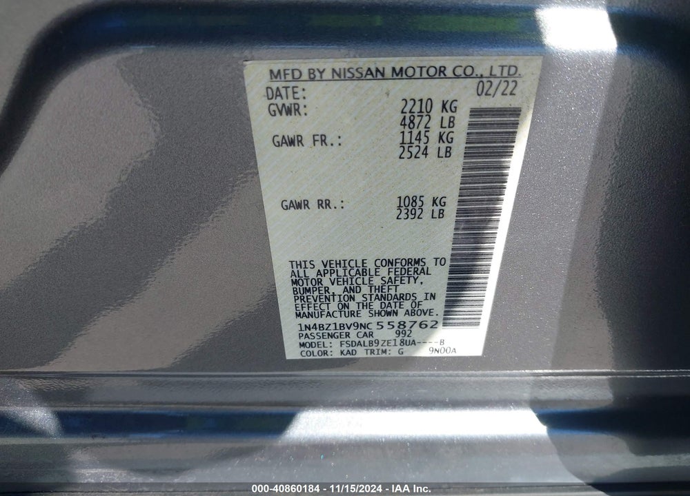 2022 NISSAN LEAF S PLUS 62 KWH VIN: 1N4BZ1BV9NC558762