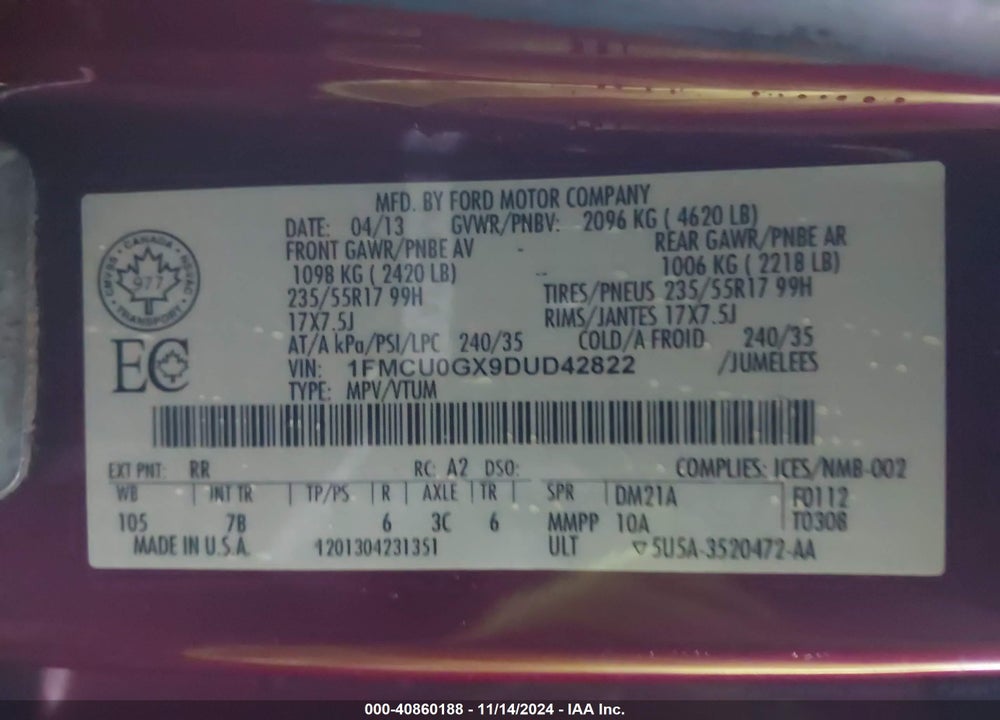 2013 FORD ESCAPE SE VIN: 1FMCU0GX9DUD42822