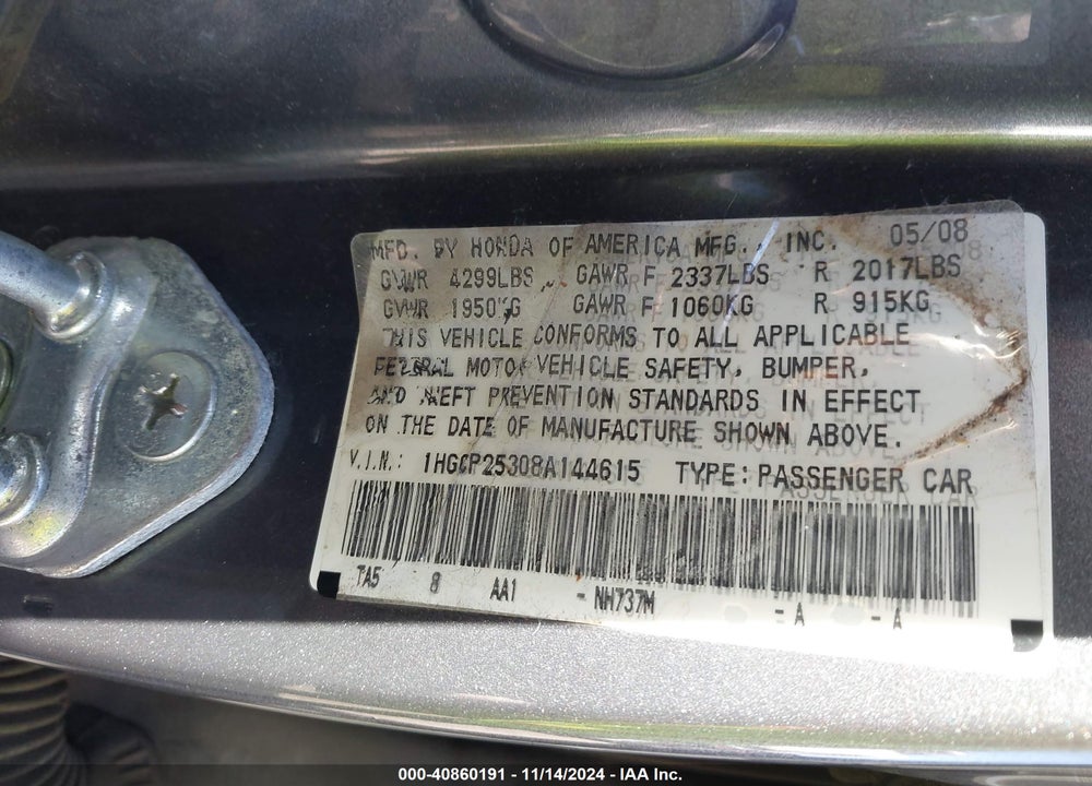 2008 HONDA ACCORD 2.4 LX VIN: 1HGCP25308A144615
