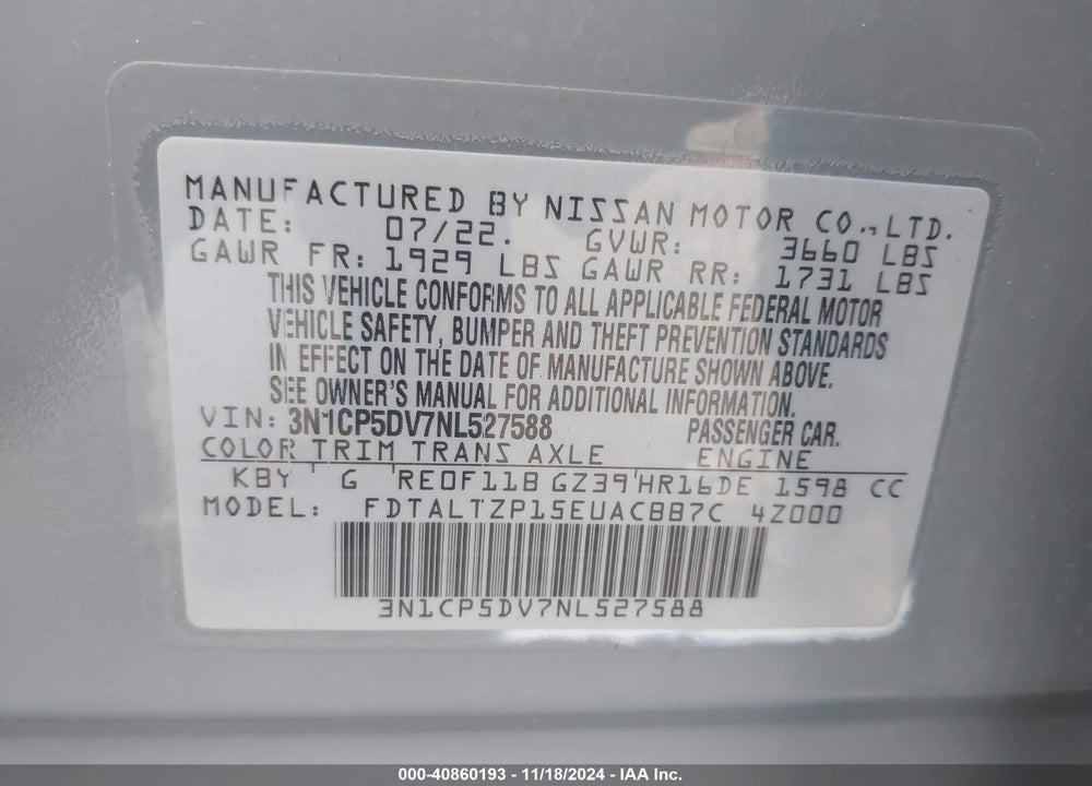 2022 NISSAN KICKS SR XTRONIC CVT VIN: 3N1CP5DV7NL527588