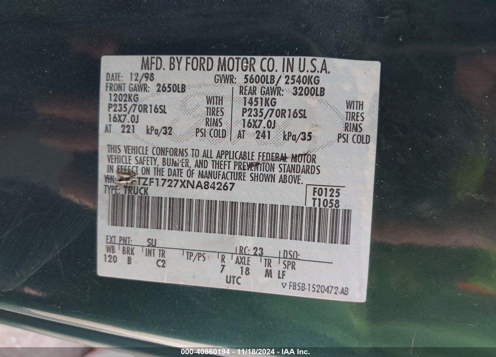 1999 FORD F-150 WORK SERIES/XL/XLT VIN: 1FTZF1727XNA84267