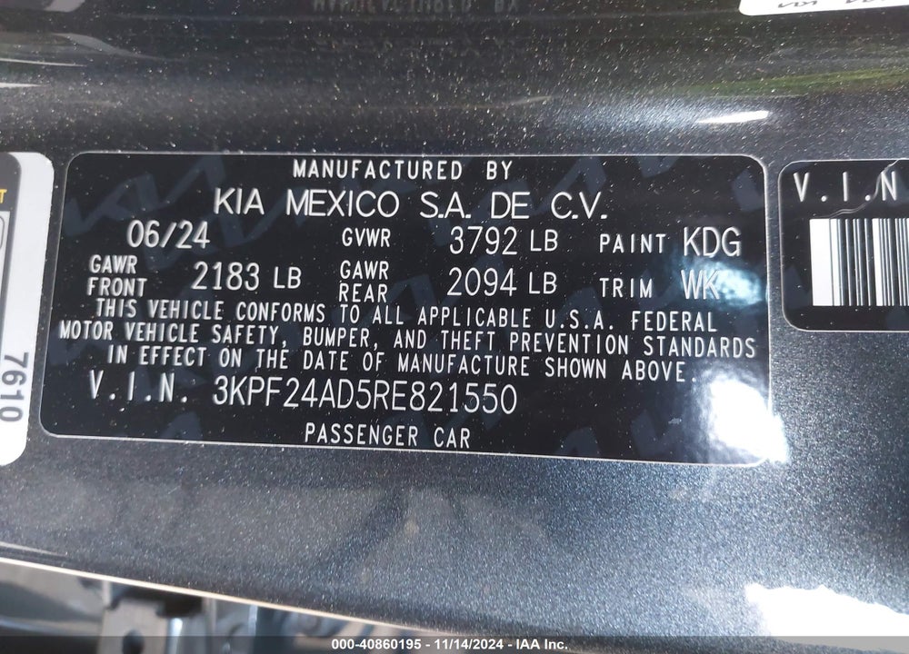 2024 KIA FORTE LXS VIN: 3KPF24AD5RE821550
