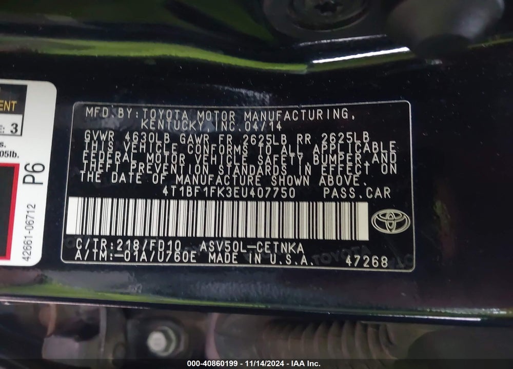 2014 TOYOTA CAMRY LE VIN: 4T1BF1FK3EU407750