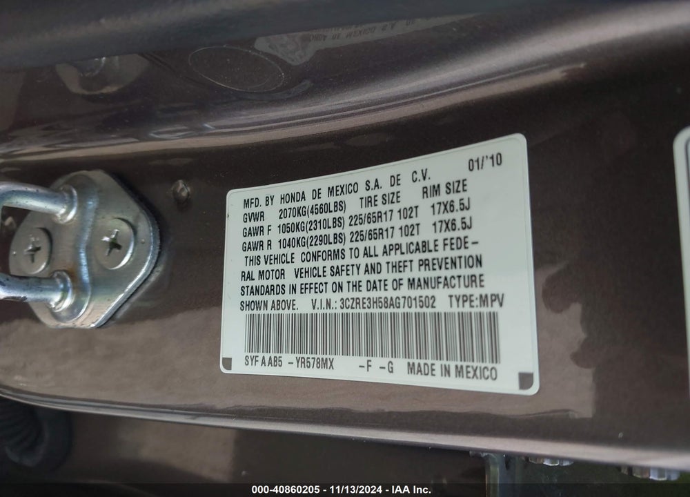 2010 HONDA CR-V EX VIN: 3CZRE3H58AG701502