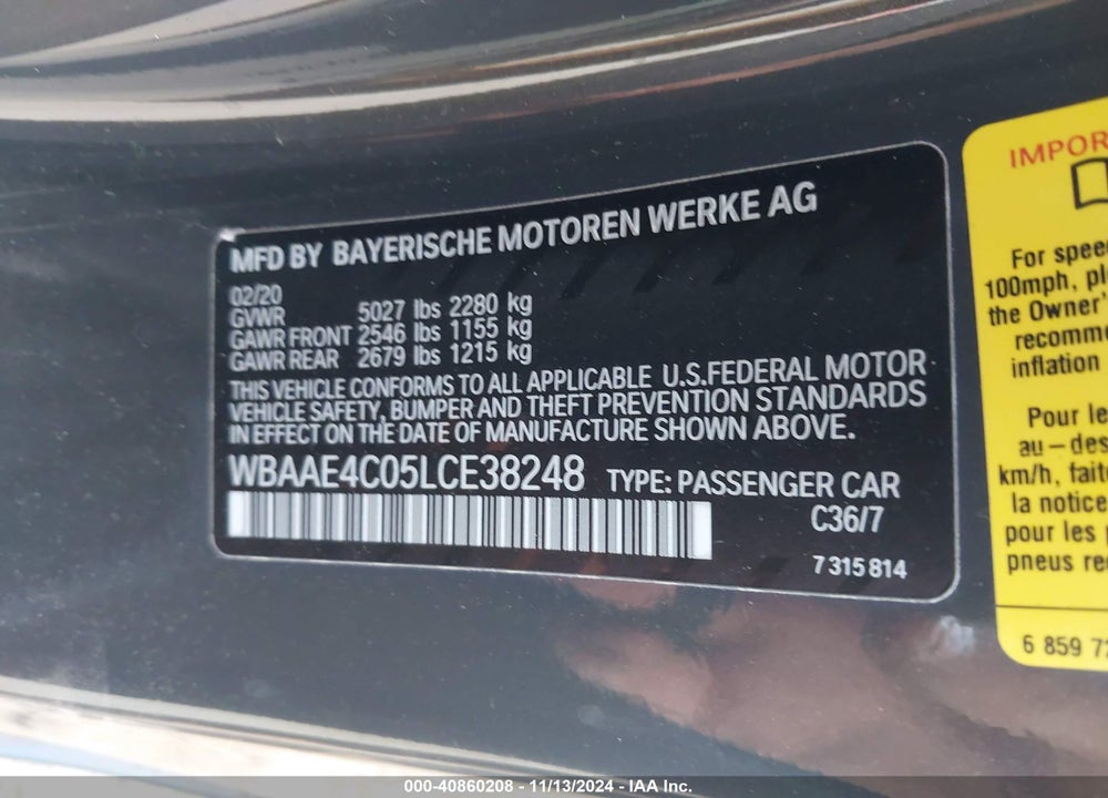 2020 BMW 840I XDRIVE VIN: WBAAE4C05LCE38248