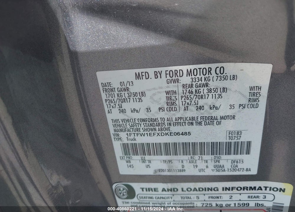 2013 FORD F-150 XLT VIN: 1FTFW1EFXDKE06485