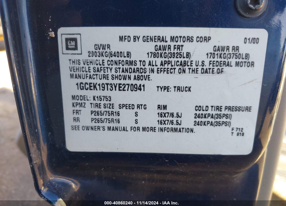 2000 CHEVROLET SILVERADO 1500 LS VIN: 1GCEK19T3YE270941