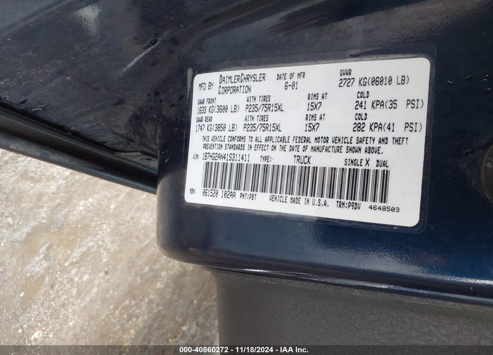 2001 DODGE DAKOTA SLT/SPORT VIN: 1B7HG2AN41S311411