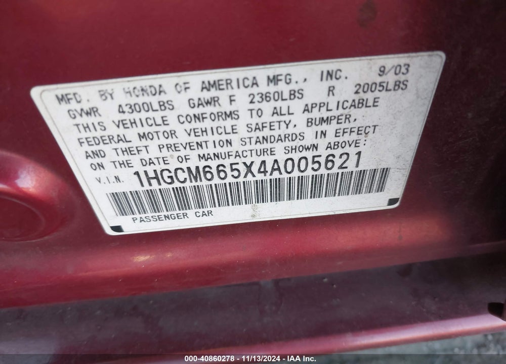 2004 HONDA ACCORD 3.0 EX VIN: 1HGCM665X4A005621