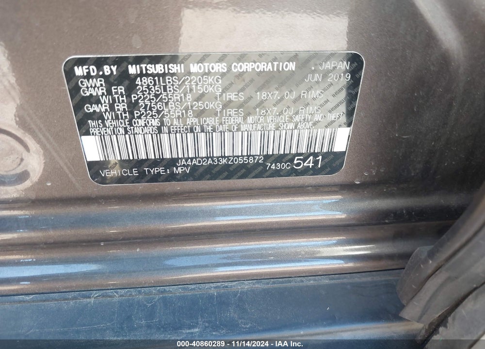 2019 MITSUBISHI OUTLANDER VIN: JA4AD2A33KZ055872