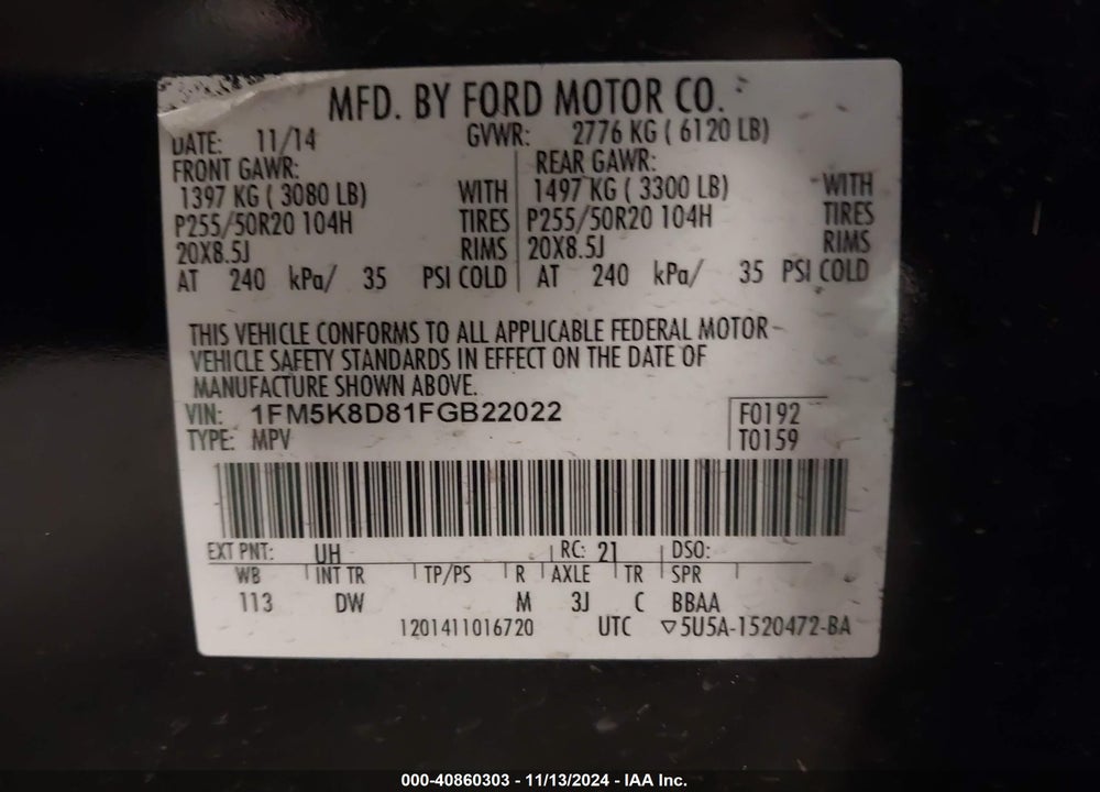 2015 FORD EXPLORER XLT VIN: 1FM5K8D81FGB22022