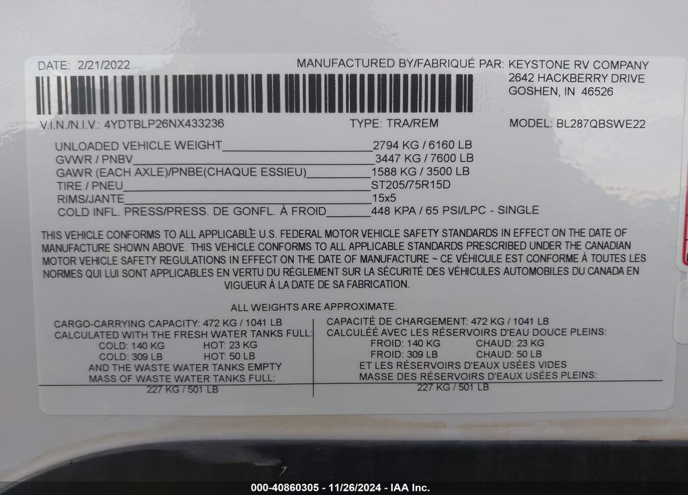 2022 KEYSTONE RV OTHER VIN: 4YDTBLP26NX433236