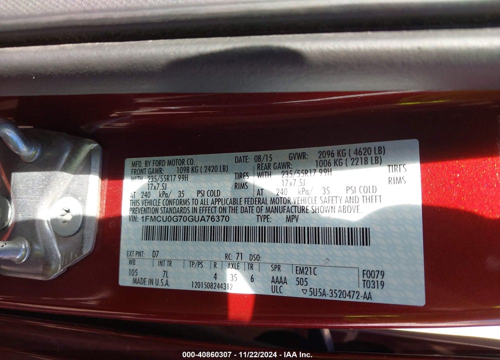 2016 FORD ESCAPE SE VIN: 1FMCU0G70GUA76370