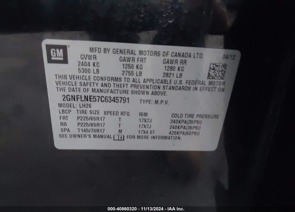 2012 CHEVROLET EQUINOX 2LT VIN: 2GNFLNE57C6345791
