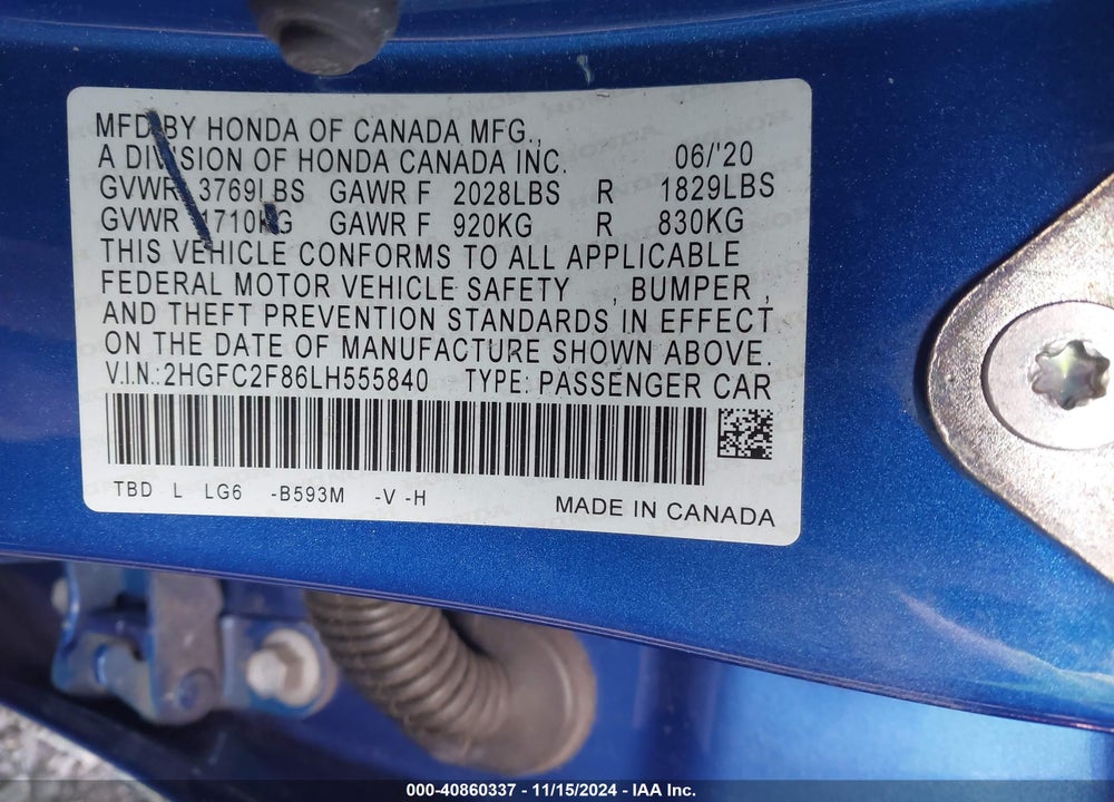 2020 HONDA CIVIC SPORT VIN: 2HGFC2F86LH555840