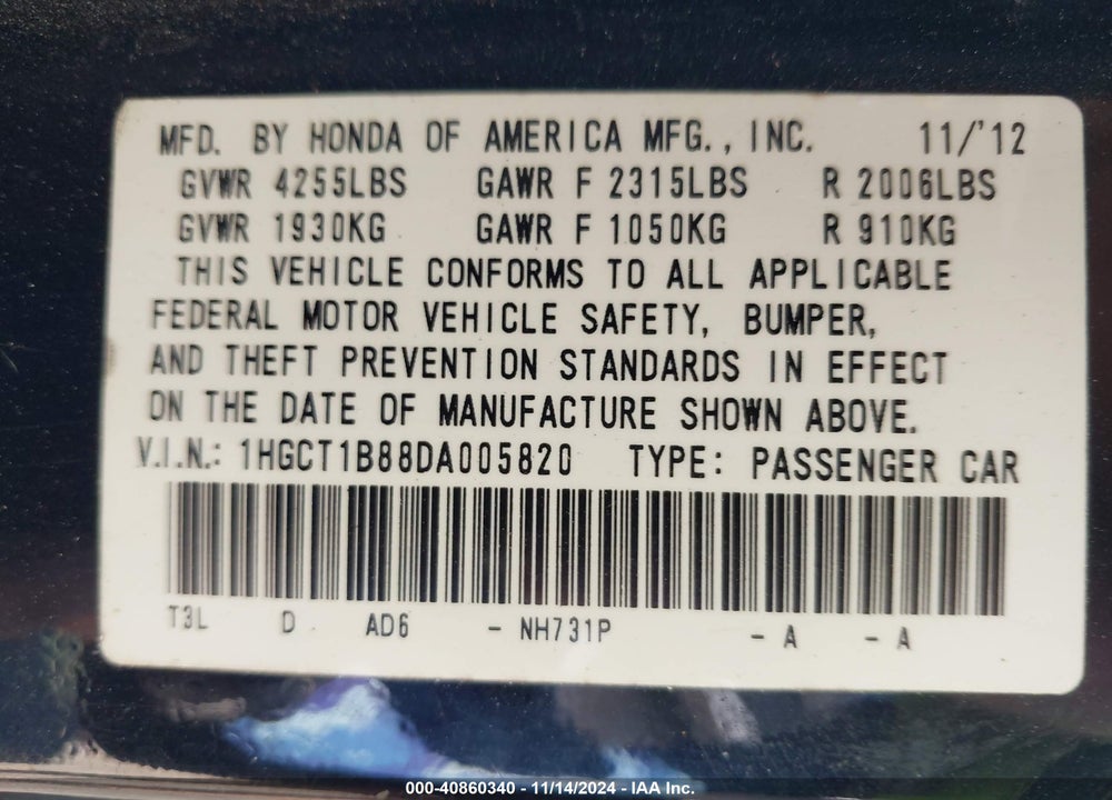 2013 HONDA ACCORD EX-L VIN: 1HGCT1B88DA005820