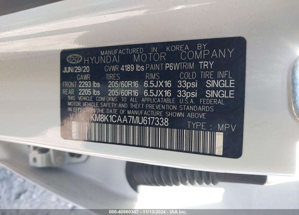 2021 HYUNDAI KONA SE VIN: KM8K1CAA7MU617338