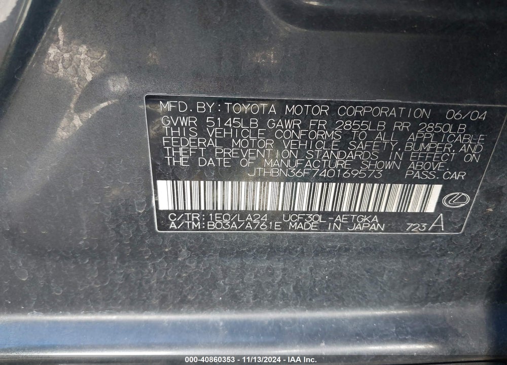 2004 LEXUS LS 430 VIN: JTHBN36F740169573