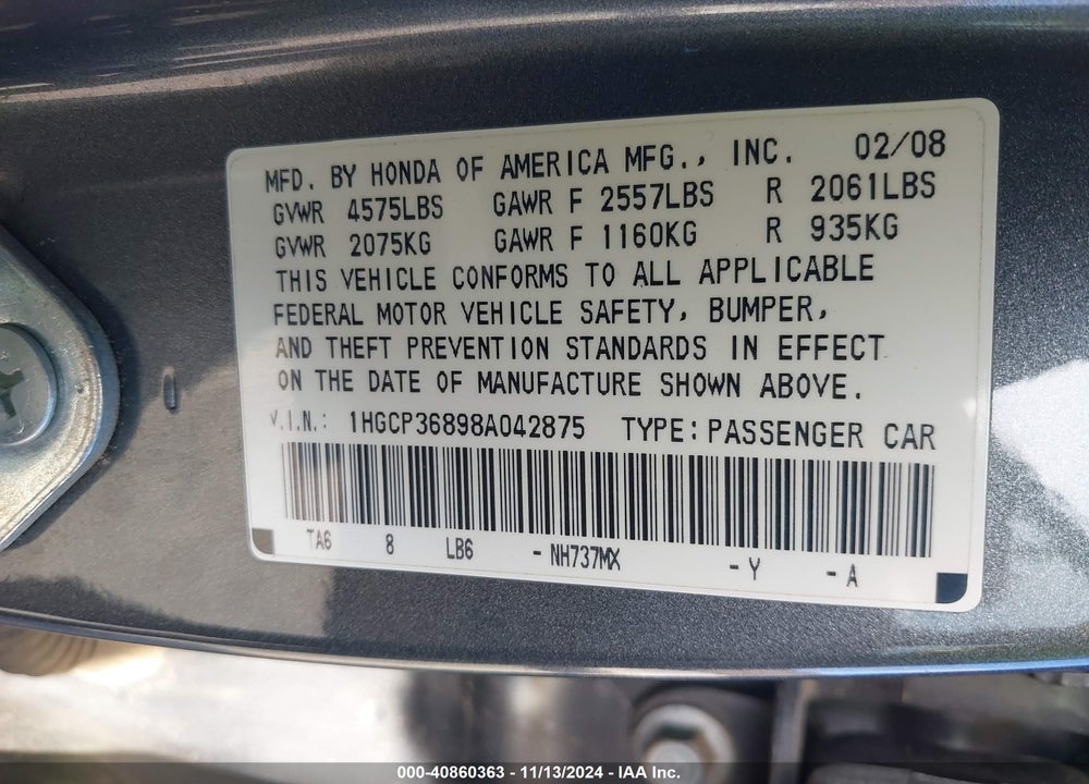2008 HONDA ACCORD 3.5 EX-L VIN: 1HGCP36898A042875