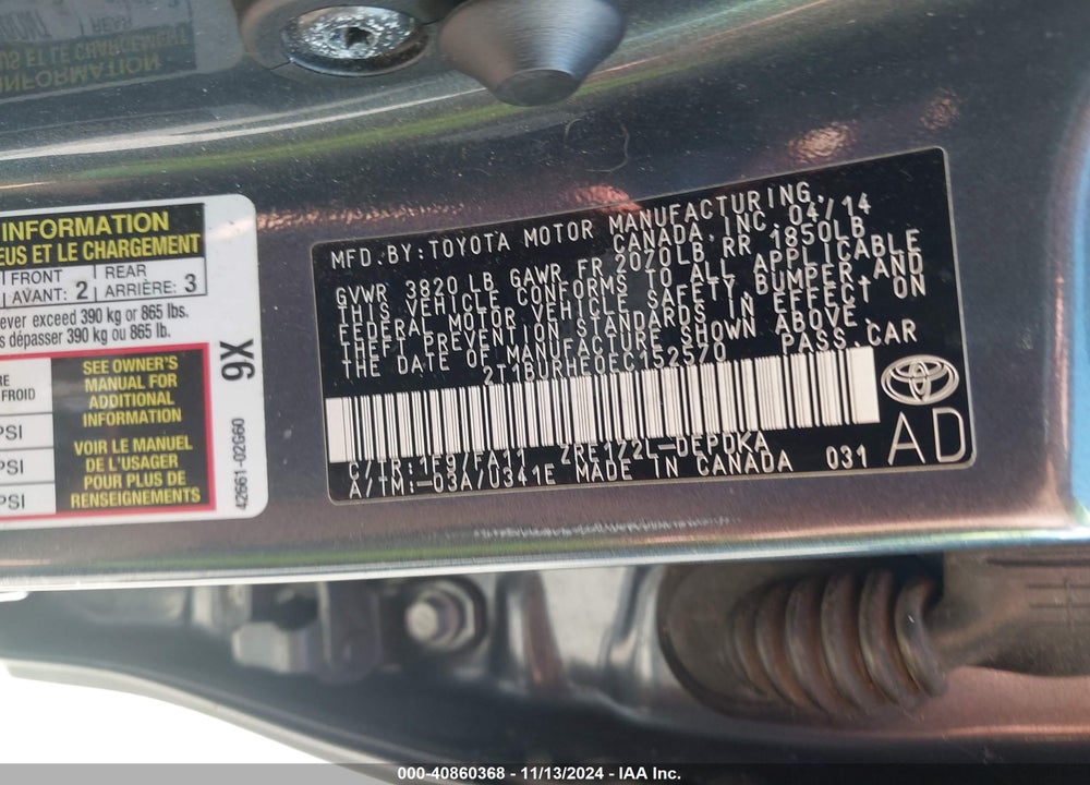 2014 TOYOTA COROLLA L VIN: 2T1BURHE0EC152570