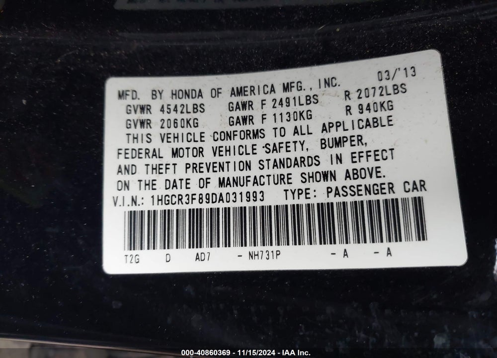 2013 HONDA ACCORD EX-L V-6 VIN: 1HGCR3F89DA031993