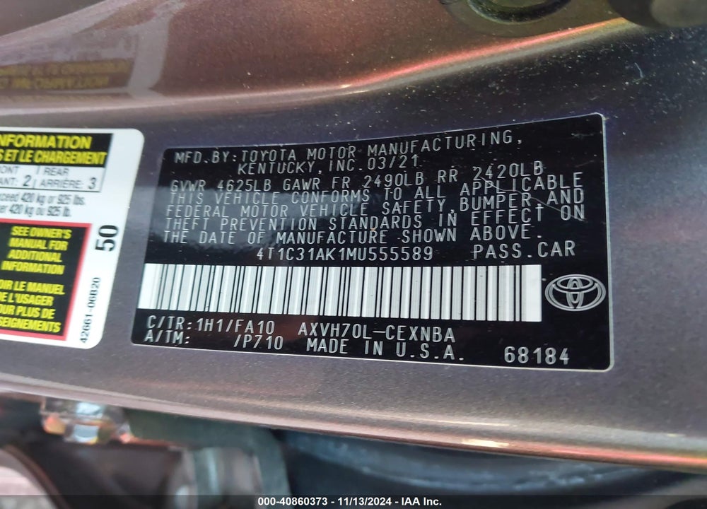2021 TOYOTA CAMRY LE HYBRID VIN: 4T1C31AK1MU555589