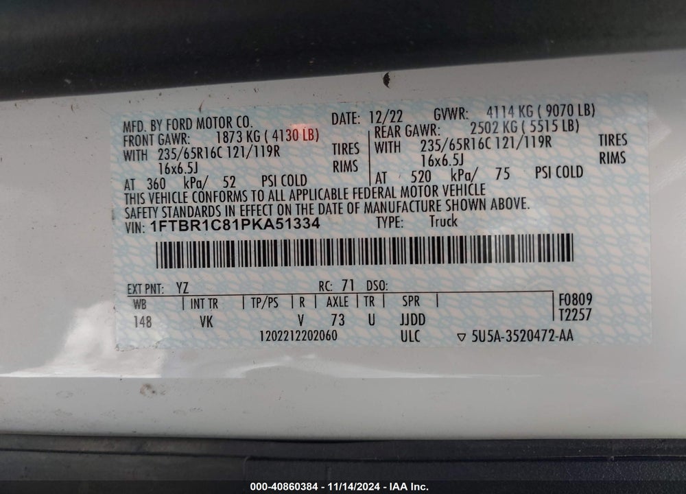 2023 FORD TRANSIT-250 CARGO VAN VIN: 1FTBR1C81PKA51334