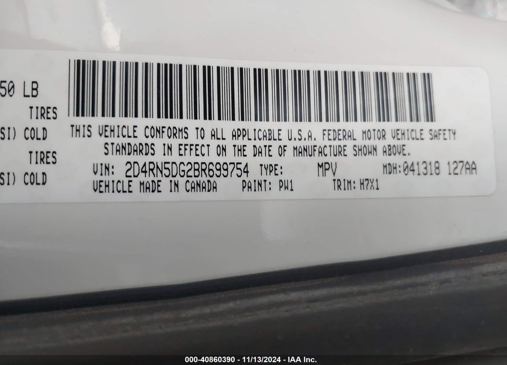 2011 DODGE GRAND CARAVAN CREW VIN: 2D4RN5DG2BR699754