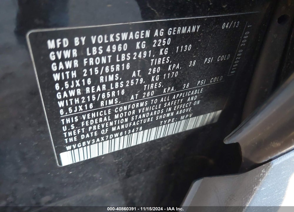 2013 VOLKSWAGEN TIGUAN S VIN: WVGBV3AX7DW613478