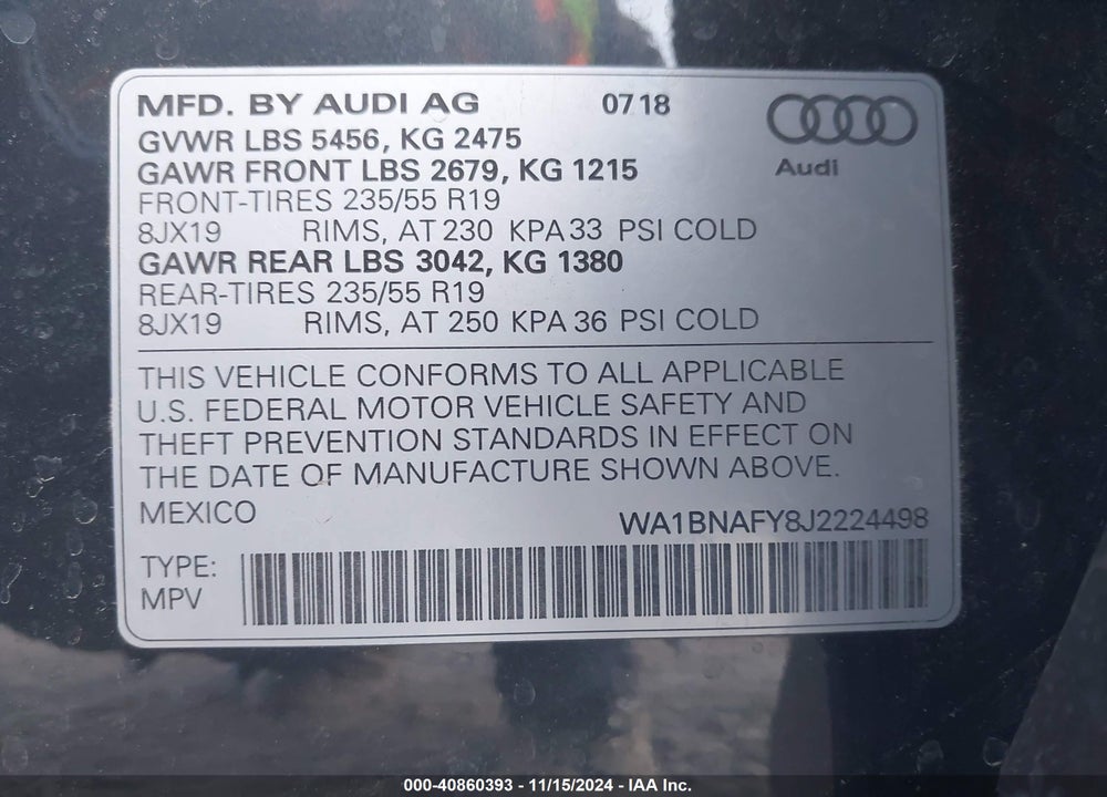 2018 AUDI Q5 2.0T PREMIUM/2.0T TECH PREMIUM VIN: WA1BNAFY8J2224498