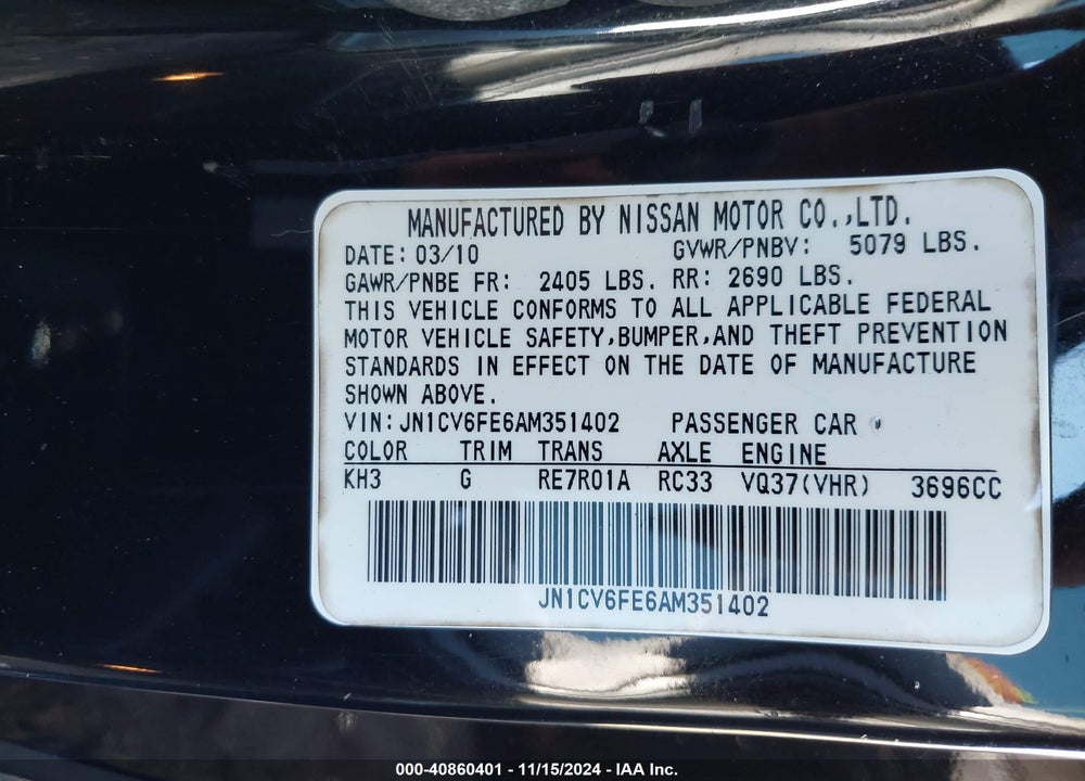 2010 INFINITI G37 VIN: JN1CV6FE6AM351402
