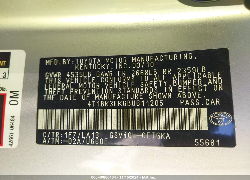 2011 TOYOTA CAMRY XLE V6 VIN: 4T1BK3EK6BU611205